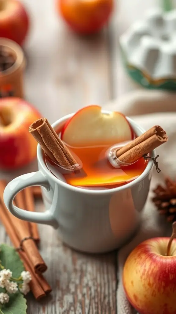 A cozy mug of spiced apple cider with cinnamon sticks and apple slices, surrounded by fresh apples and decorative elements.