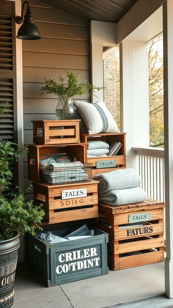 25+ Creative Porch Storage Ideas 6 Decorative wooden storage crates stacked on a porch with cushions and a vase of greenery.