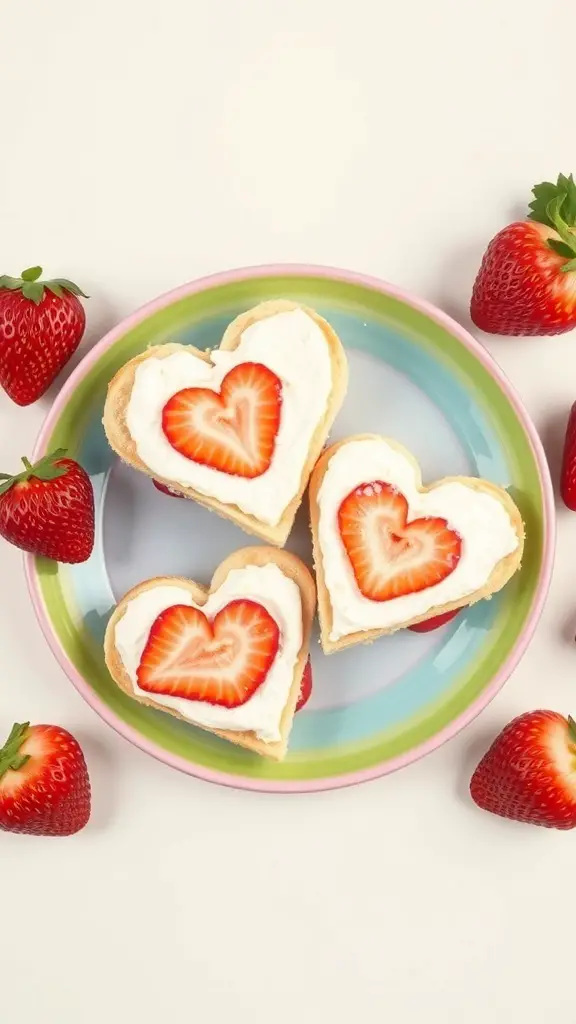 Heart-shaped strawberry sandwiches on a colorful plate with fresh strawberries
