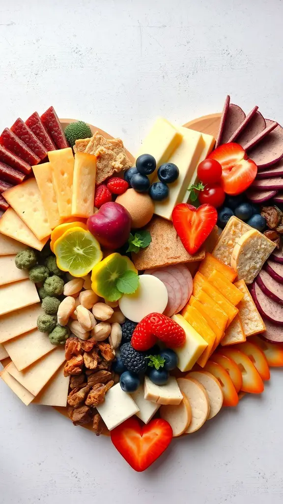 A heart-shaped charcuterie board with various cheeses, meats, fruits, and nuts arranged creatively.