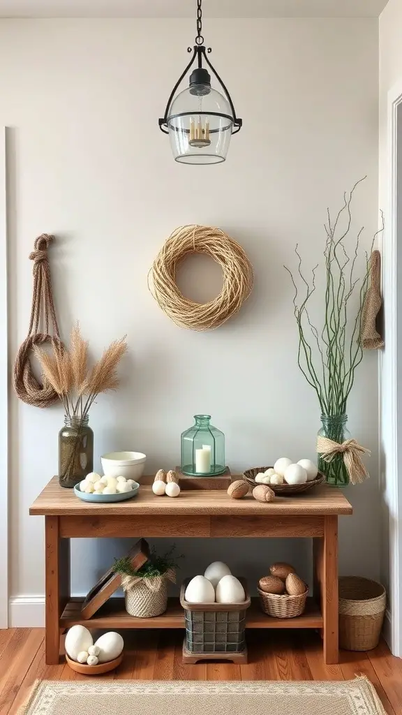 A rustic wooden table decorated for Easter with eggs, baskets, and a wreath.