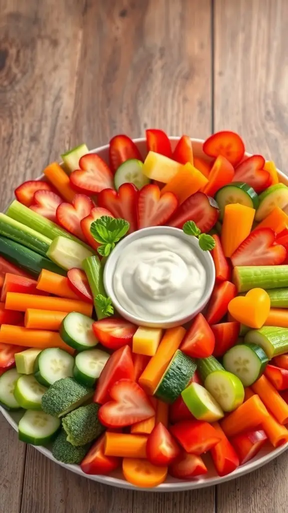 A heart-shaped veggie platter with various colorful vegetables and a bowl of dip in the center.