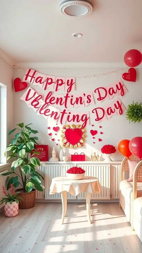 27+ Creative DIY Valentine’s Day Decor Ideas You’ll Love 5 A decorated room with a 'Happy Valentine's Day' banner and festive decor.