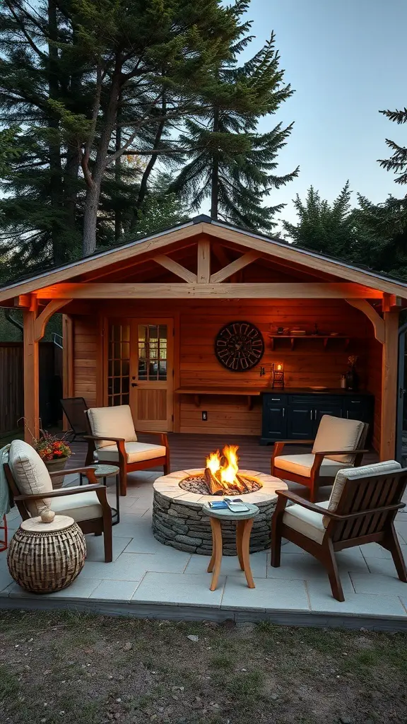 A wooden shed with outdoor seating around a fire pit, featuring a cozy atmosphere.