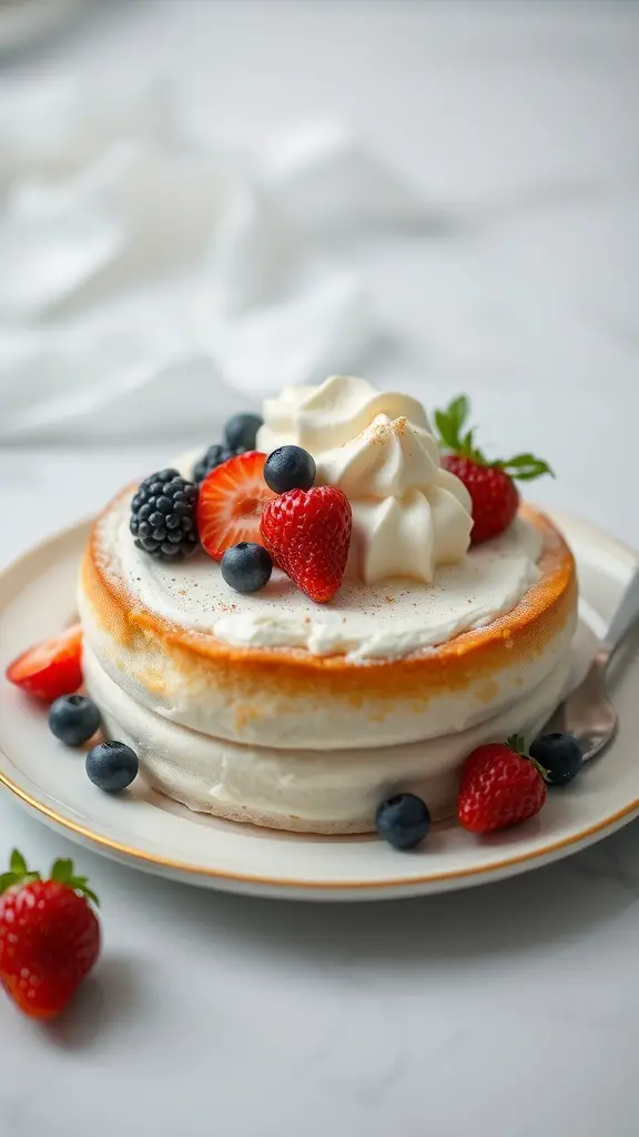 A Vanilla Bean Chiffon Cake topped with fresh berries and whipped cream on a plate.