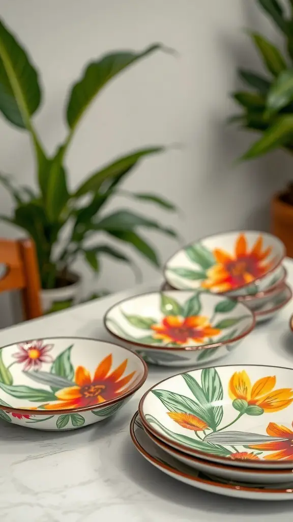 Colorful hand-painted ceramic dishes with floral designs stacked on a table