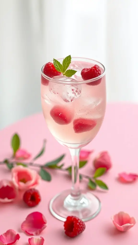 A refreshing Raspberry Rose Spritz in a glass, garnished with mint and raspberries, surrounded by pink flowers.