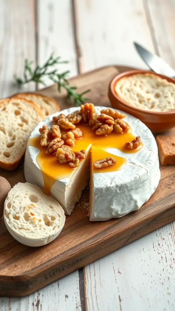 A wheel of baked Brie topped with honey and walnuts, served with slices of bread on a wooden board.