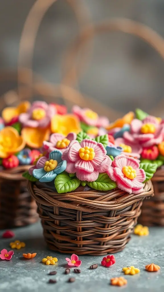 Colorful flower basket cupcakes decorated with vibrant frosting and edible decorations.