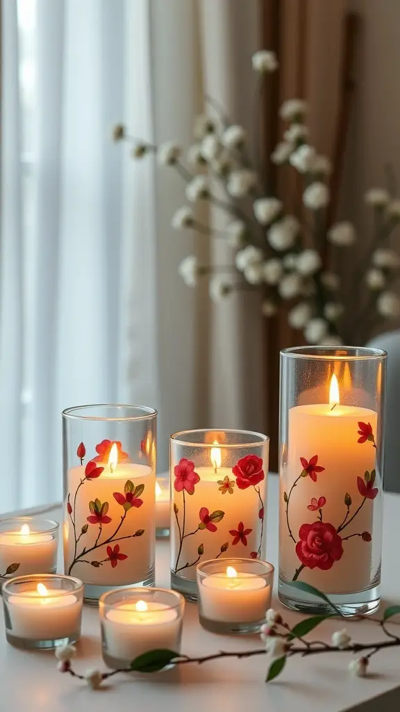 A collection of spring-themed candle holders with floral designs and glowing candles