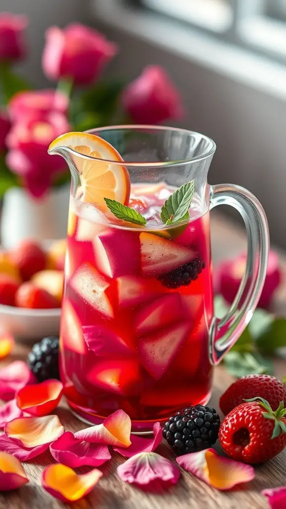 A pitcher of Rose Petal Sangria with fruits and rose petals