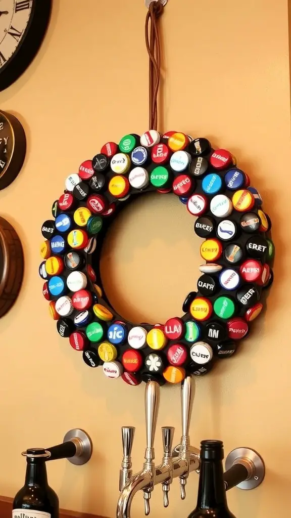 A wreath made of colorful beer bottle caps, displayed on a wall.