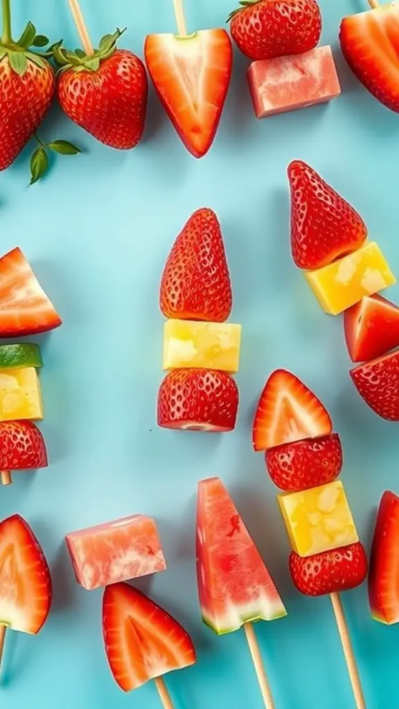 Colorful fruit skewers with strawberries, watermelon, and pineapple on a blue background.