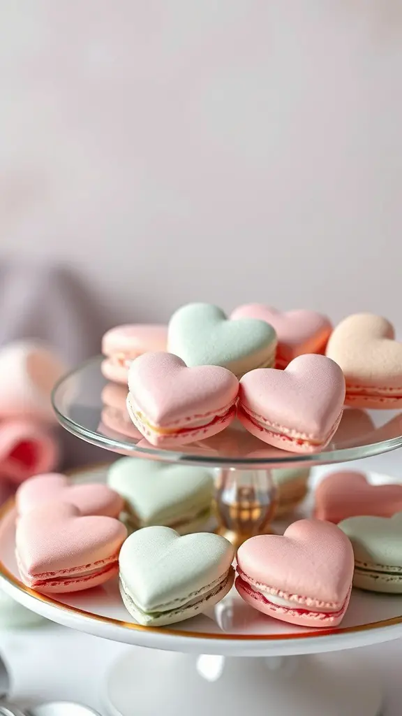 23+ Heart-Shaped Food Ideas 7 A tiered stand with heart-shaped macarons in pink and green colors.