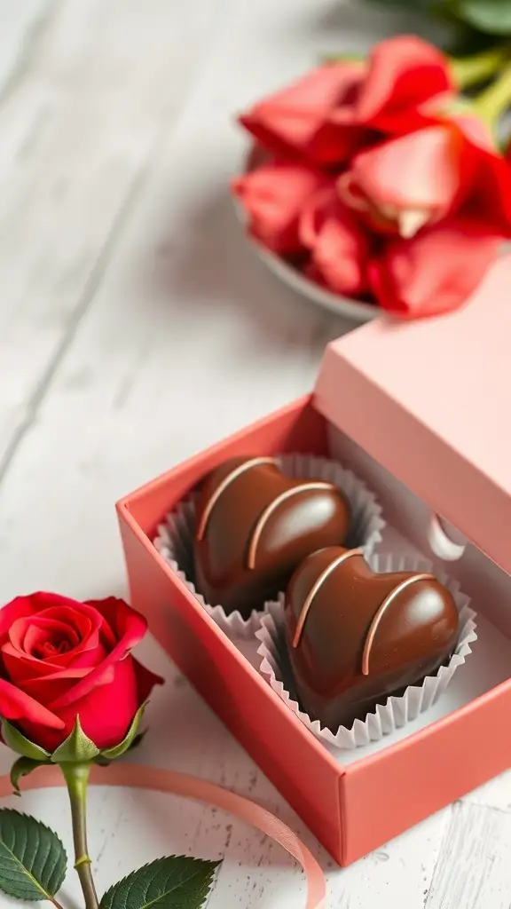 Heart-shaped chocolate truffles in a pink box with a red rose