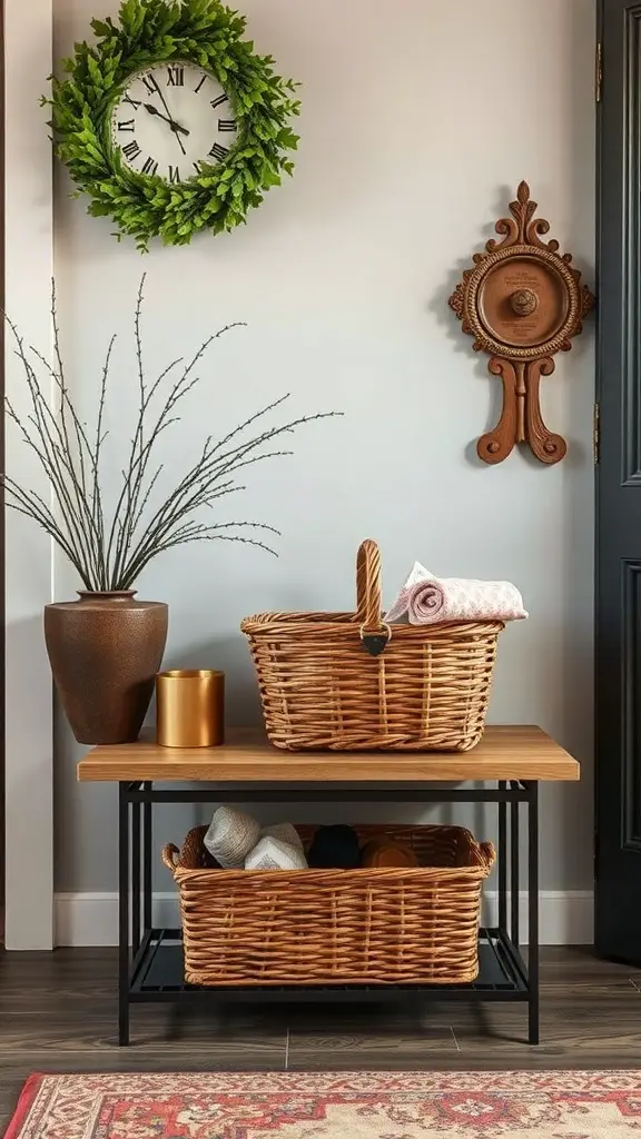 A stylish entryway table with functional baskets for storage.