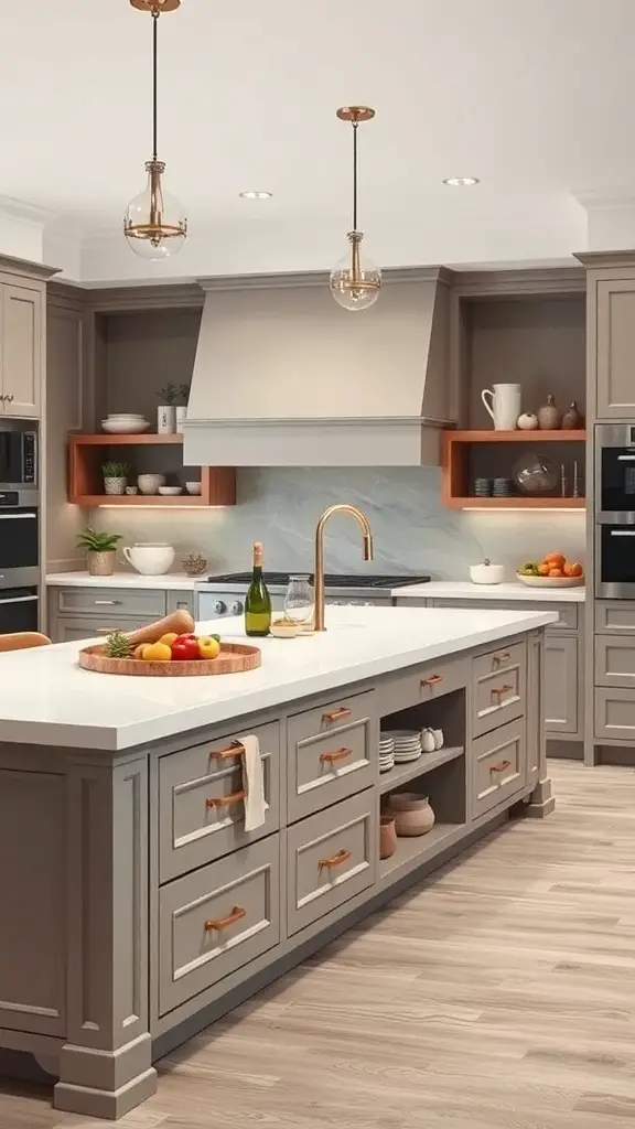 29+ Clever Kitchen Storage Ideas to Maximize Space 15 A modern kitchen island with storage drawers and open shelves, featuring a light countertop and warm wood accents.