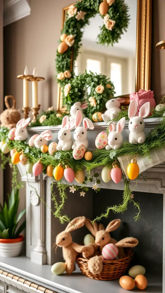 A whimsical Easter garland with bunnies, colorful eggs, and flowers on a mantle.