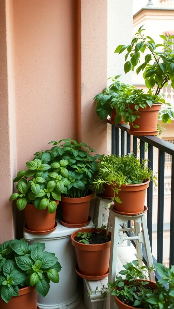 23+ Stylish Mini Balcony Ideas 9 A mini herb garden on a balcony with various potted plants.