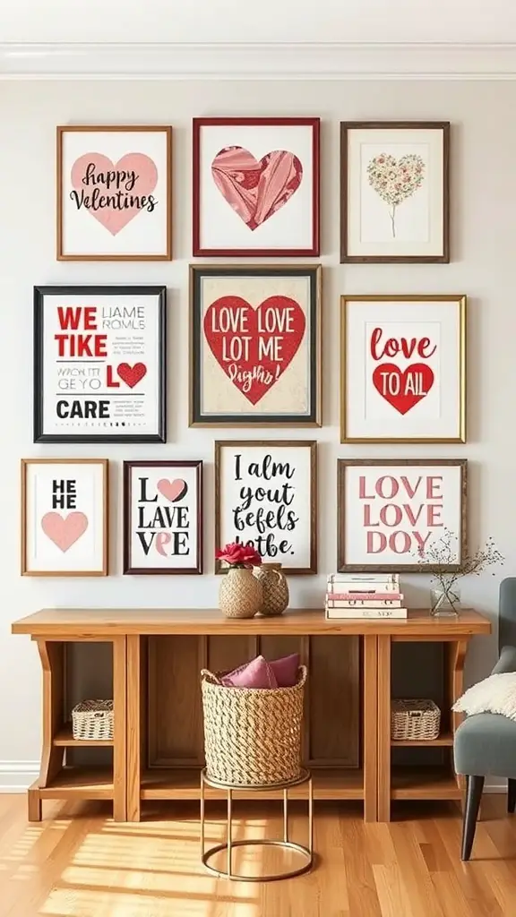 A collection of Valentine’s Day themed artwork in various frames displayed on a wall.