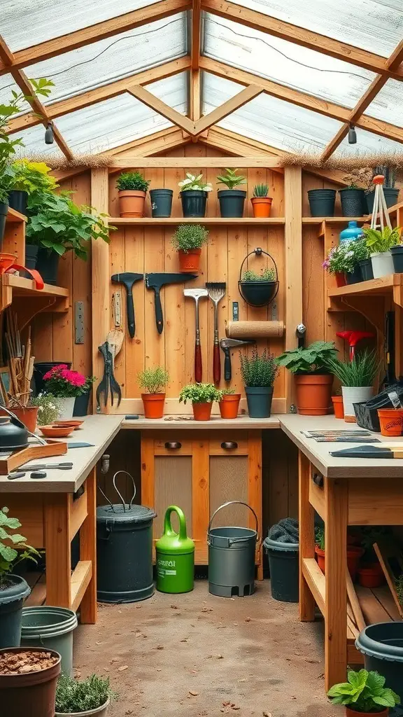A well-organized potting shed with plants, tools, and workbenches.