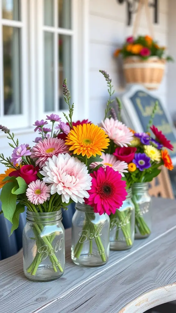 23+ Gorgeous Valentine's Day Porch Decor Ideas You’ll Love 8 Colorful floral arrangements in mason jars on a porch