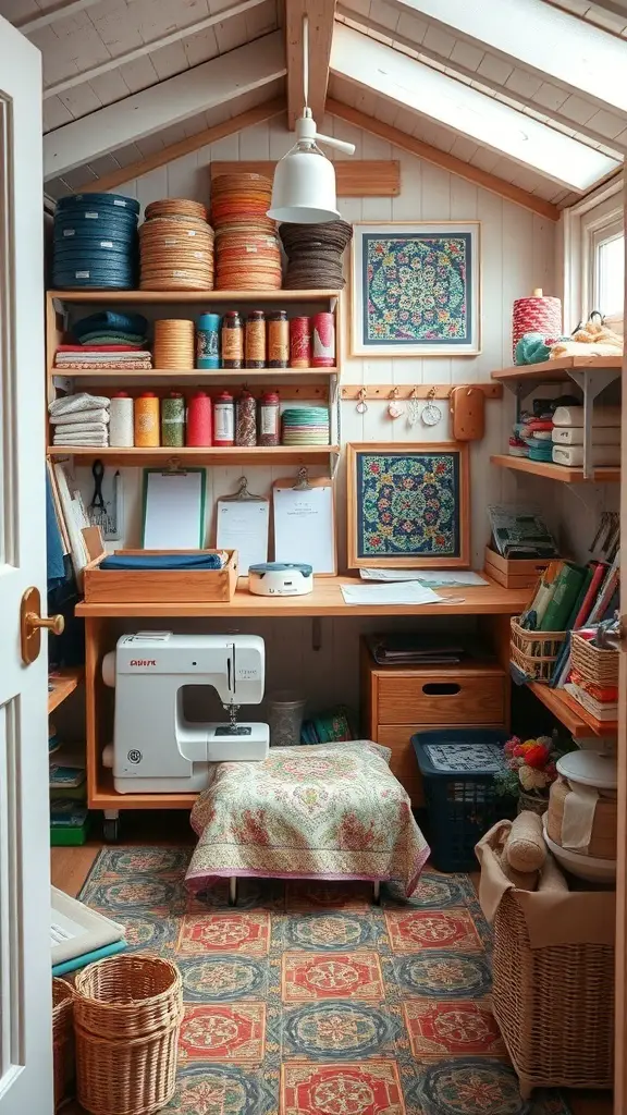 29+ Creative She Shed Ideas for Small Spaces 12 A cozy sewing and quilting space with organized shelves, a sewing machine, and colorful decor.