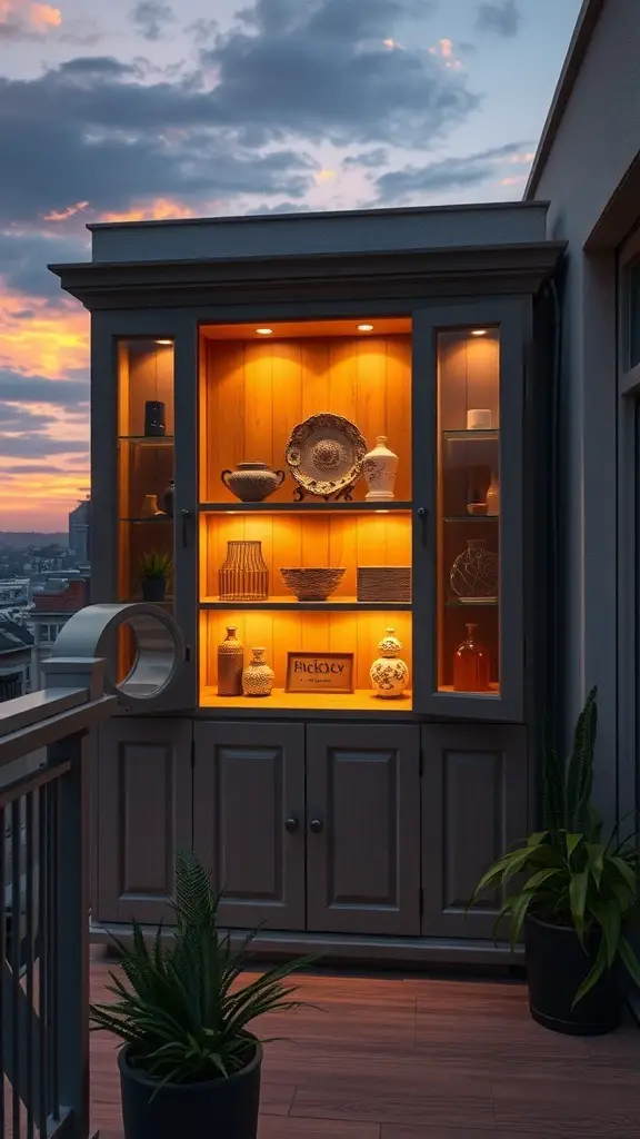 29+ Inspiring Balcony Cabinet Ideas 14 A stylish balcony cabinet with warm lighting showcasing decorative items.