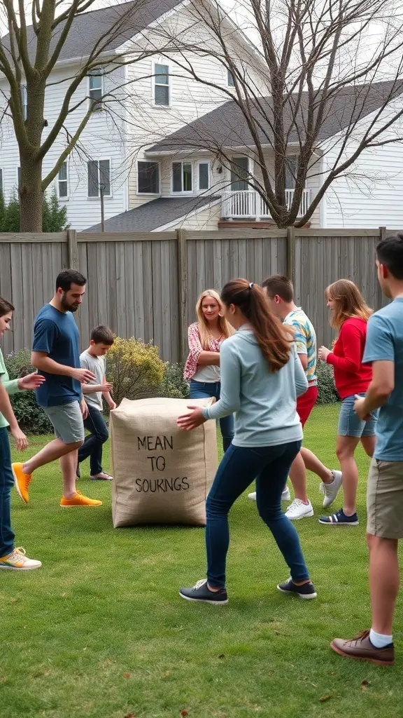 A group of people playing a sack race in a backyard during an Easter gathering.