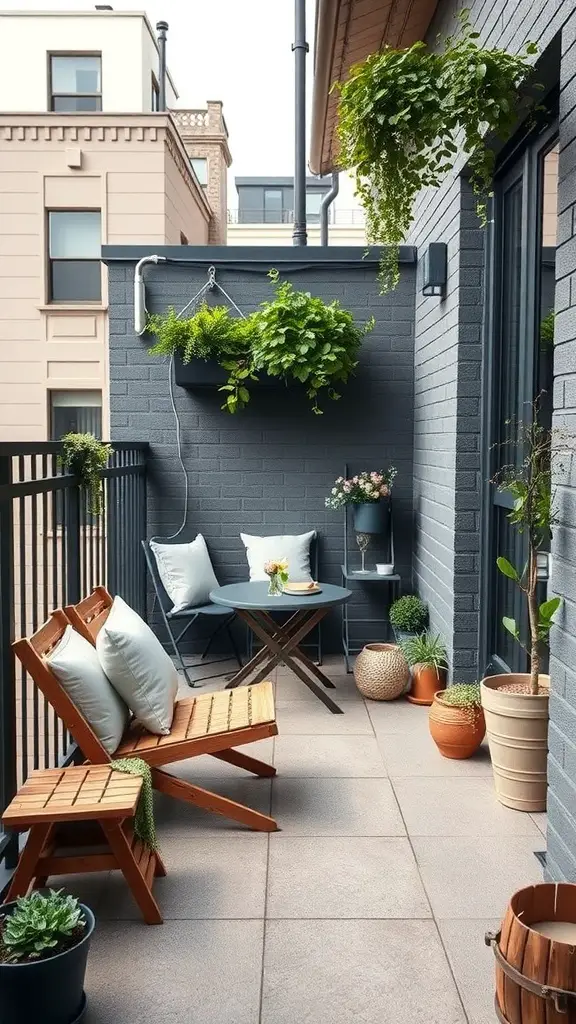 23+ Stylish Mini Balcony Ideas 15 A cozy mini balcony with foldable furniture, plants, and decorative elements.