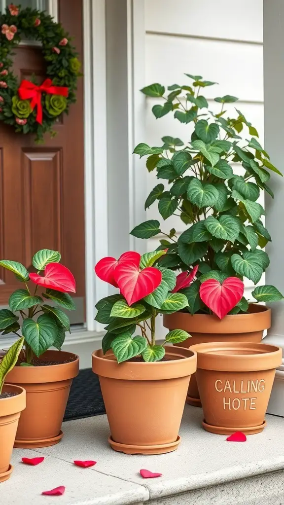Potted plants with heart-shaped leaves on a front porch, decorated with rose petals and a festive wreath.