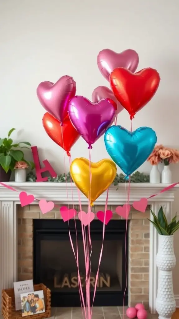 Colorful heart-shaped balloons in various shades, floating in a cozy living room setting.