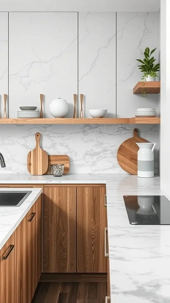 23+ Inspiring Kitchen Counter Styling Ideas to Elevate Your Space 3 A modern kitchen counter featuring marble surfaces, wooden cabinetry, and decorative items.