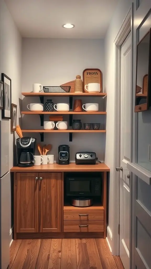 27+ Creative Corner Kitchen Pantry Ideas to Maximize Your Space 11 A corner pantry with a coffee station, featuring shelves with mugs, a coffee maker, and a microwave.