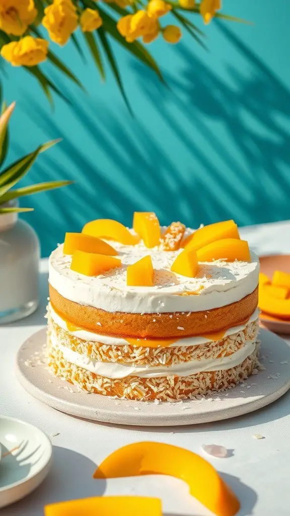 A beautifully decorated Mango Coconut Layer Cake with fresh mango slices on top, set against a vibrant background.