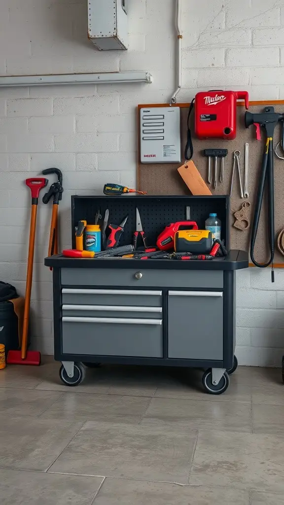 A mobile tool chest with various tools organized on top and wheels for easy movement.