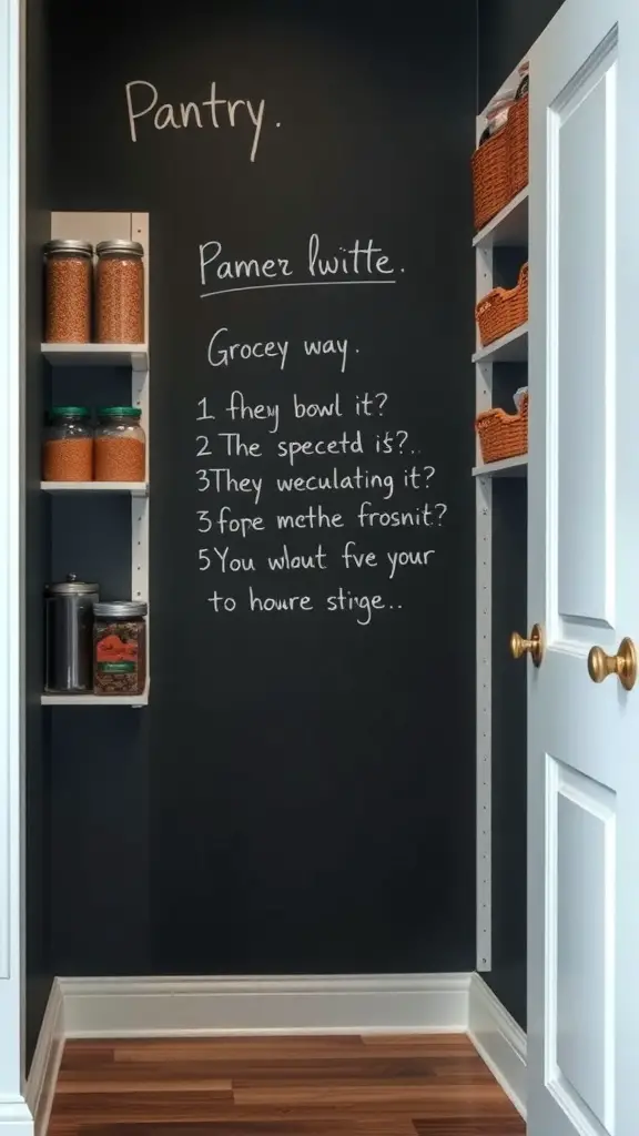 27+ Creative Corner Kitchen Pantry Ideas to Maximize Your Space 10 Chalkboard wall in a pantry with inventory notes and jars on shelves.
