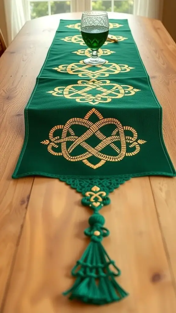 A green Celtic knot table runner with golden designs and a glass of green drink on a wooden table.