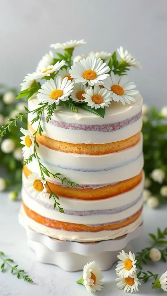 A beautifully layered cake decorated with daisies and greenery, showcasing a spring theme.