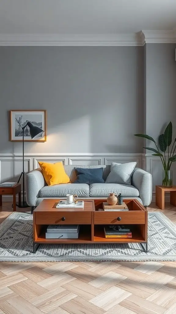 A cozy living room featuring a sofa and a coffee table with hidden storage.