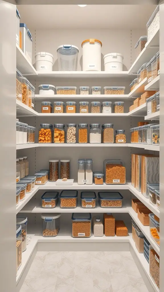 Organized pantry with clear containers and labeled jars