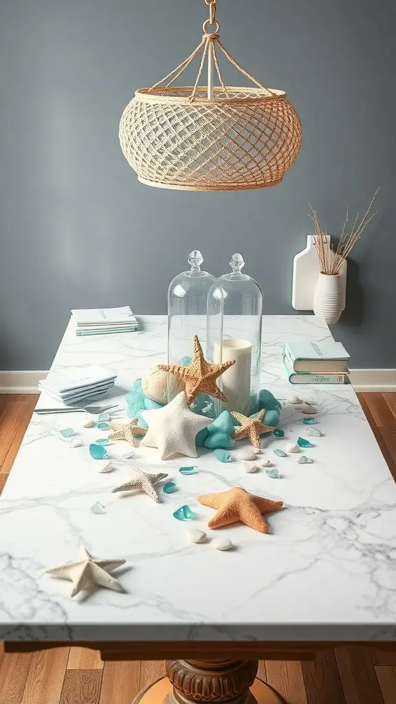 A beautifully decorated table featuring sea glass, starfish, and candles, creating a coastal theme.