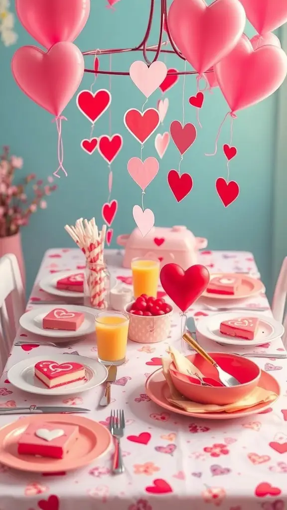 A Valentine's Day table setting with heart-shaped balloons, desserts, and colorful decorations.
