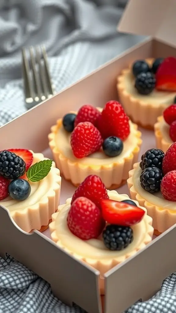 A box of mini cheesecakes topped with fresh berries, including strawberries, blueberries, and raspberries.