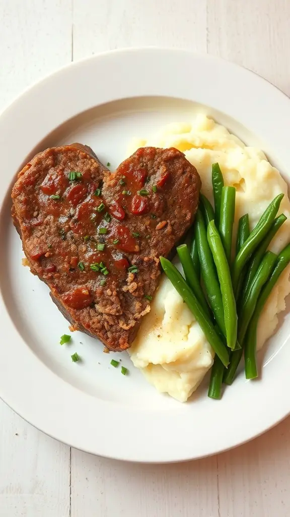 23+ Heart-Shaped Food Ideas 5 Heart-shaped meatloaf with mashed potatoes and green beans on a plate