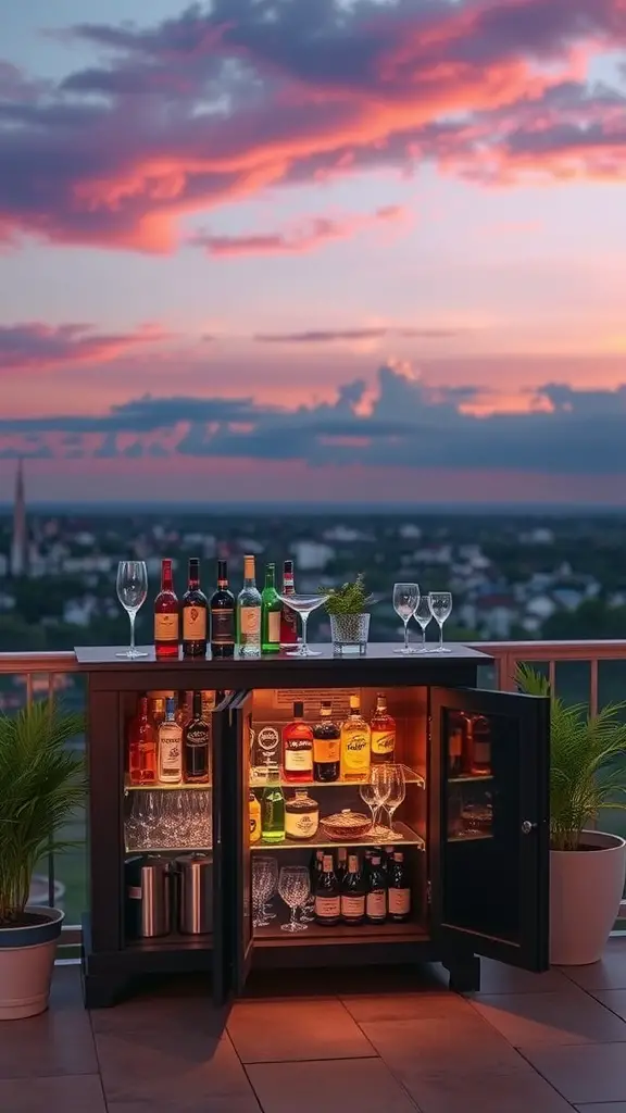 29+ Inspiring Balcony Cabinet Ideas 16 A stylish balcony bar cabinet with drinks and glasses, set against a beautiful sunset.