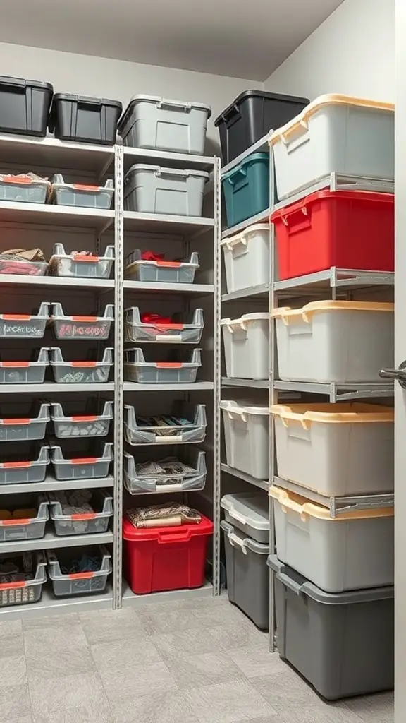 A small storage room featuring stackable storage bins on shelves, organized and labeled for easy access.