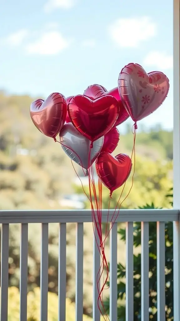 A cluster of heart-shaped balloons in red and pink colors floating on a porch railing.