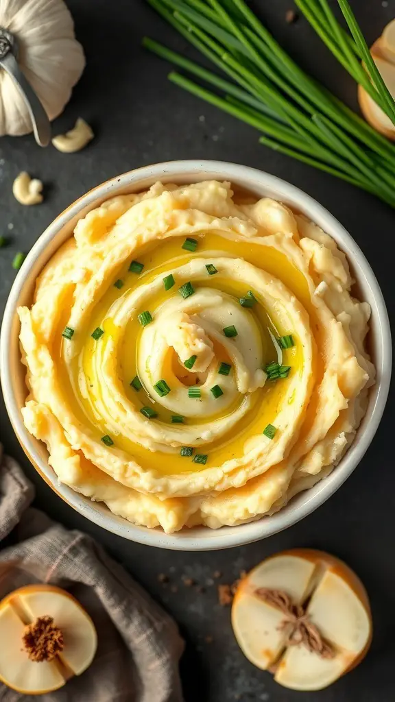 A bowl of garlic mashed potatoes topped with melted butter and chives, surrounded by garlic cloves and a cloth.