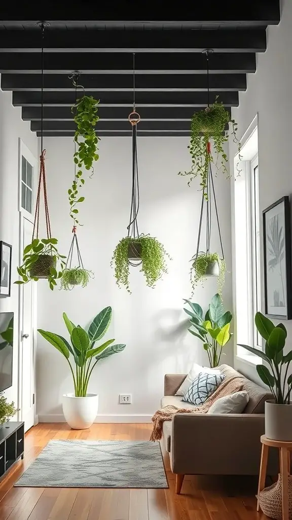 A cozy living room with hanging plants from the ceiling and a comfortable sofa.